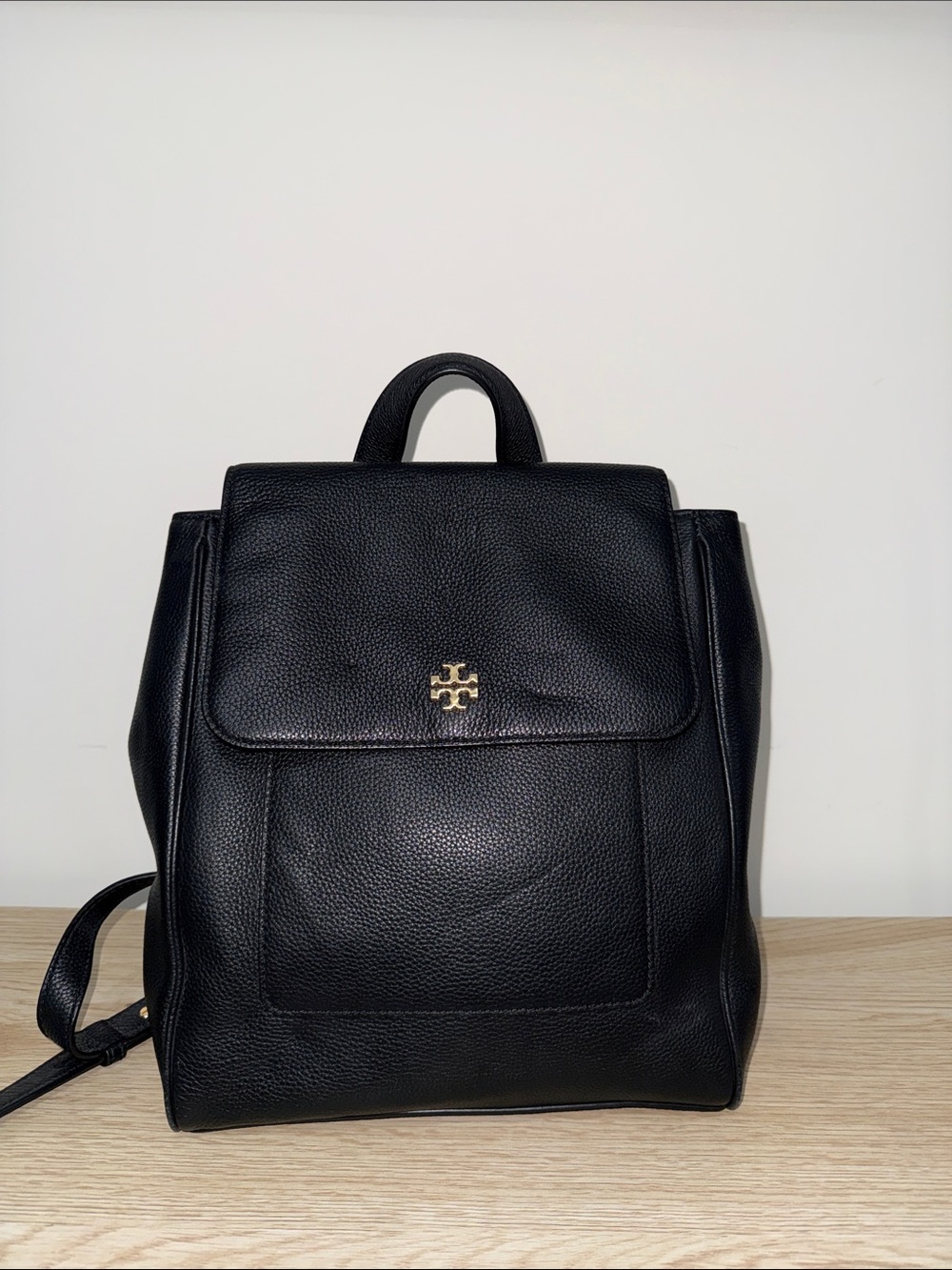 Tory Burch Black Pebbled Leather Logo Backpack